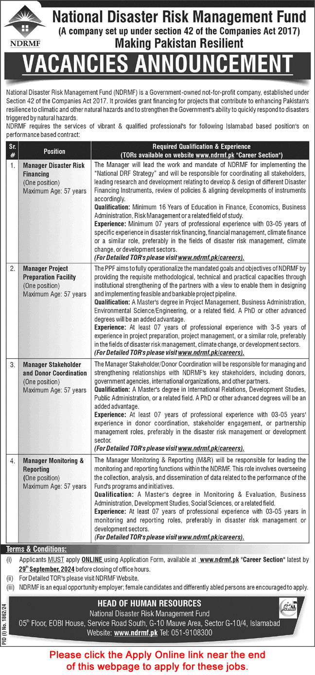 NDRMF Islamabad Jobs September 2024 Apply Online National Disaster Risk Management Fund Latest