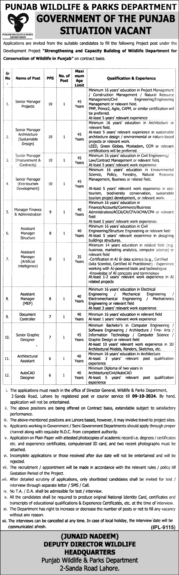 Punjab Wildlife and Parks Department Jobs 2024 September Assistant Managers & Others Latest