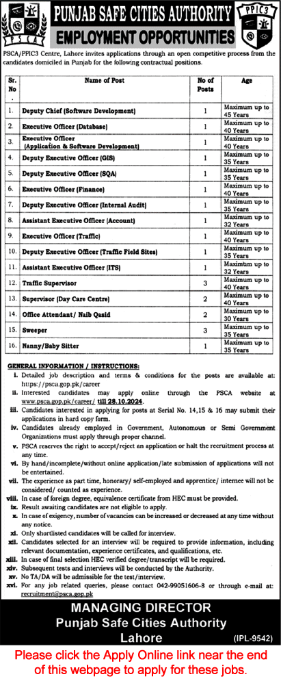 Punjab Safe Cities Authority Jobs October 2024 PSCA PPIC3 Apply Online Traffic Supervisors & Others Latest