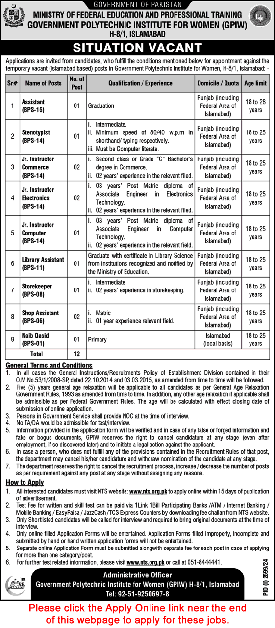 Government Polytechnic Institute Women Islamabad Jobs 2024 October NTS Apply Online Instructors & Others Latest