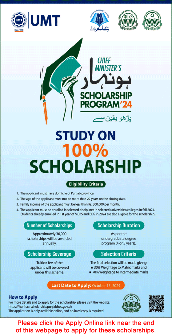 Chief Minister Punjab Honhaar Scholarship Program 2024 October Apply Online HEC