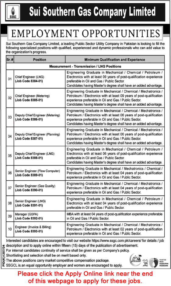 SSGC Jobs October 2024 Apply Online Engineers & Managers Sui Southern Gas Company Limited Latest