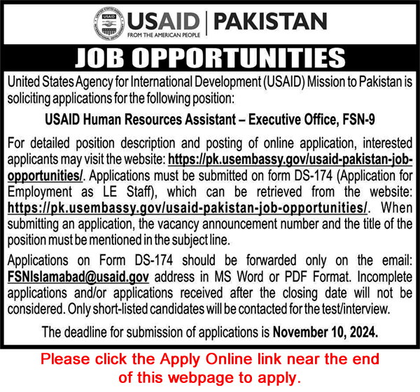 HR Assistant Jobs in USAID Pakistan 2024 October / November Apply Online Executive Office Latest