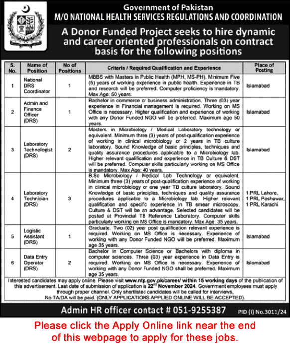 Ministry of National Health Services Regulation and Coordination Jobs November 2024 Apply Online Lab Technicians & Others Latest