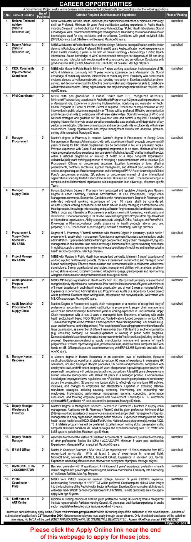 National TB Control Program Jobs November 2024 NTP Apply Online Donor Funded Project Latest