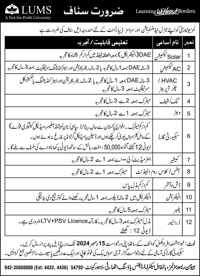 LUMS University Lahore Jobs November 2024 December Cashier, Security Guard, Driver & Others Latest