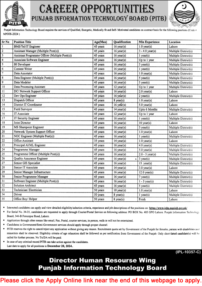 Punjab Information Technology Board Jobs December 2024 Apply Online Programme Officers / Managers & Others PITB Latest