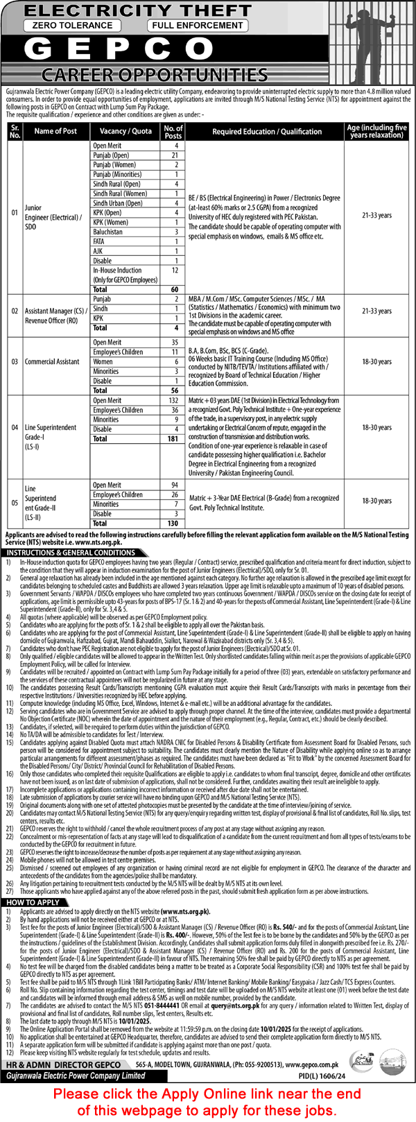 GEPCO Jobs December 2024 WAPDA NTS Apply Online Line Superintendents, Electrical Engineers & Others Latest