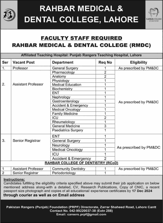 Rahbar Medical and Dental College Lahore Jobs December 2024 Teaching Faculty RMDC Latest