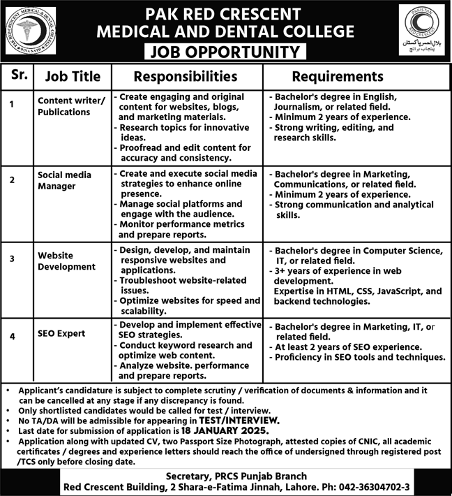 Pakistan Red Crescent Medical and Dental College Lahore Jobs 2025 Web Developer & Others PRCMDC Latest