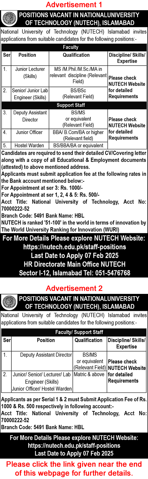 NUTECH University Islamabad Jobs 2025 Lecturers, Lab Engineers & Others National University of Technology Latest