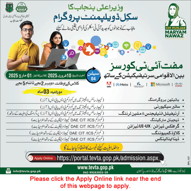 TEVTA Punjab Free IT Courses 2025 Apply Online Chief Minister Punjab Skill Development Program Latest