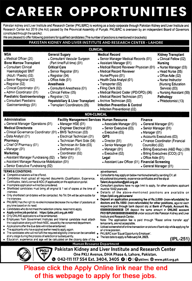 PKLI Lahore Jobs 2025 Apply Online Pakistan Kidney and Liver Institute and Research Center Latest