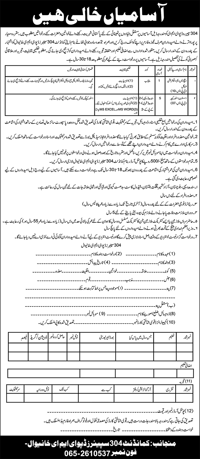 304 Spares Depot EME Khanewal Jobs 2025 Assistant Store Keepers & Vehicle Electrician Pakistan Army Latest