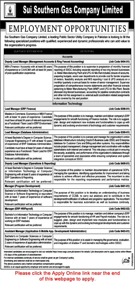 SSGC Jobs 2025 IT & Accounts Vacancies in Sui Southern Gas Company Limited Latest