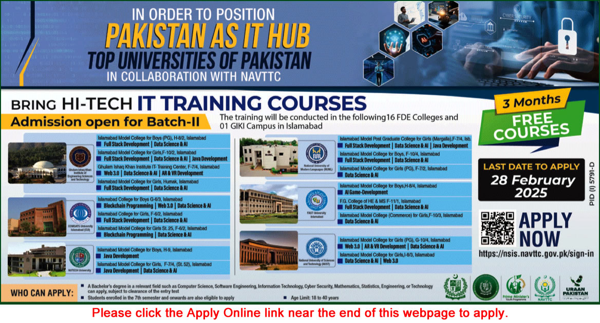 NAVTTC Free IT Training Courses February 2025 Apply Online National Vocational & Technical Training Commission Latest