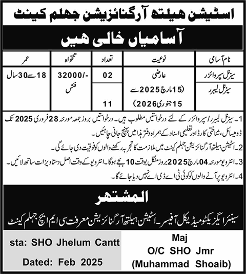 Station Health Organization Jhelum Jobs 2025 February Labours & Supervisors Latest