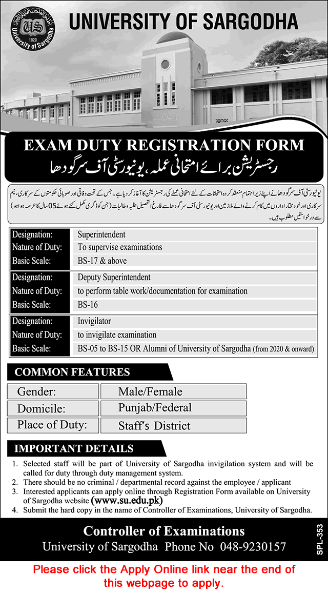 University of Sargodha Jobs February 2025 Apply Online Invigilators & Superintendents Exam Duty Latest