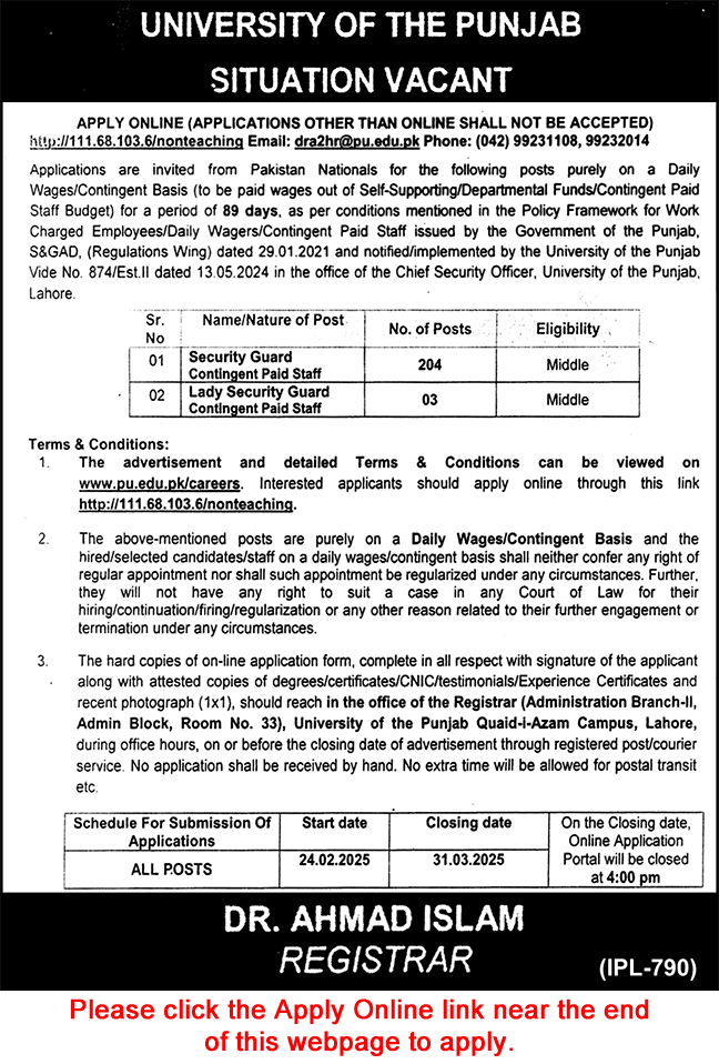 Security Guard Jobs in University of Punjab 2025 March Apply Online UOP Latest