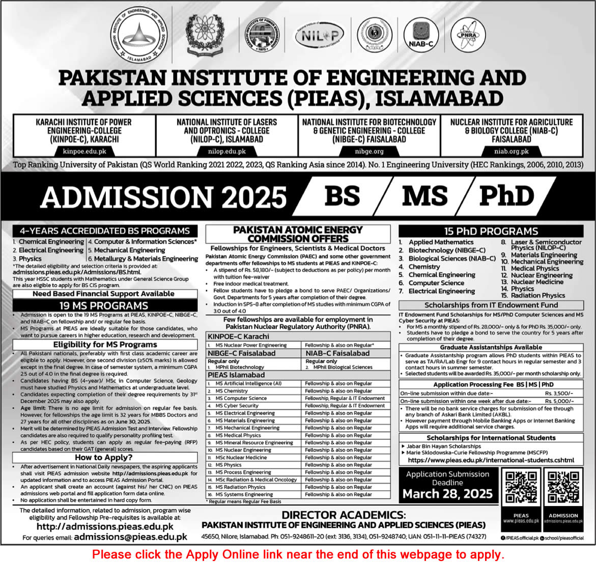 PIEAS Fellowships 2025 March MS / Postgraduate Programs for Engineers, Scientists & Doctors in PAEC KINPOE Apply Online Latest