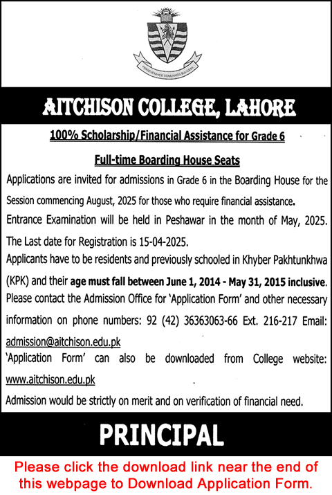 Aitchison College Lahore Scholarship Program 2025 March for Grade-5 Application Form Boarding House Latest