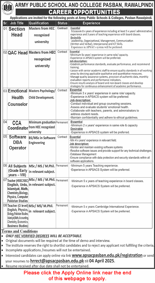 Army Public School and College Pasban Rawalpindi Jobs 2025 March Apply Online Teachers & Others Latest