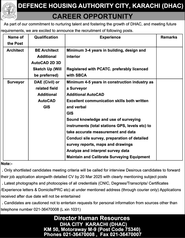 DHA City Karachi Jobs 2025 March Architect & Surveyor Defence Housing Authority City DHAC Latest