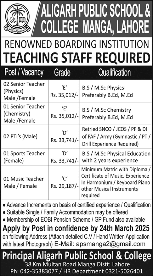 Aligarh Public School and College Manga Lahore Jobs March 2025 Teachers & PTI Latest