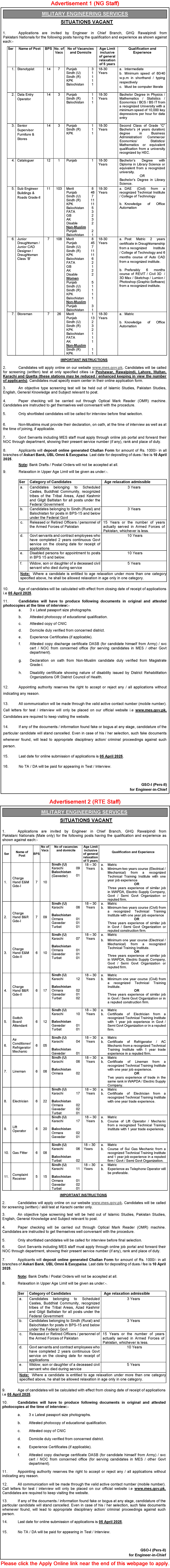 Military Engineering Services Jobs 2025 March MES Apply Online Sub / Civil Engineers, Draughtsman & Others Latest