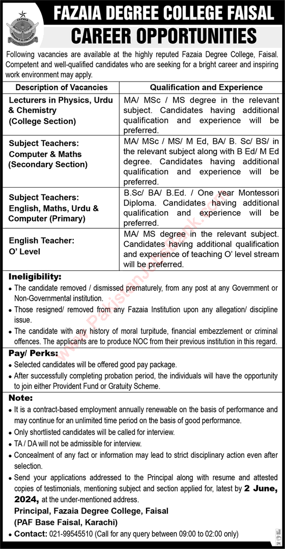 Fazaia Degree College Faisal Karachi Jobs 2024 May Lecturers & Teachers Latest