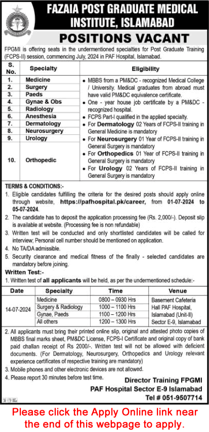 Fazaia Postgraduate Medical Institute Islamabad FCPS Postgraduate Training 2024 June Apply Online PAF Hospital Latest