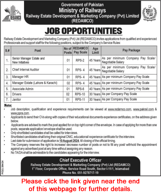 Railway Estate Development and Marketing Company Islamabad Jobs 2024 July REDAMCO Pakistan Railways Latest