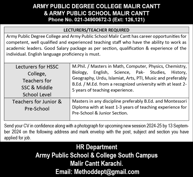 Army Public Degree College Malir Cantt Karachi Jobs September 2024 Lecturers & Teachers APS Latest