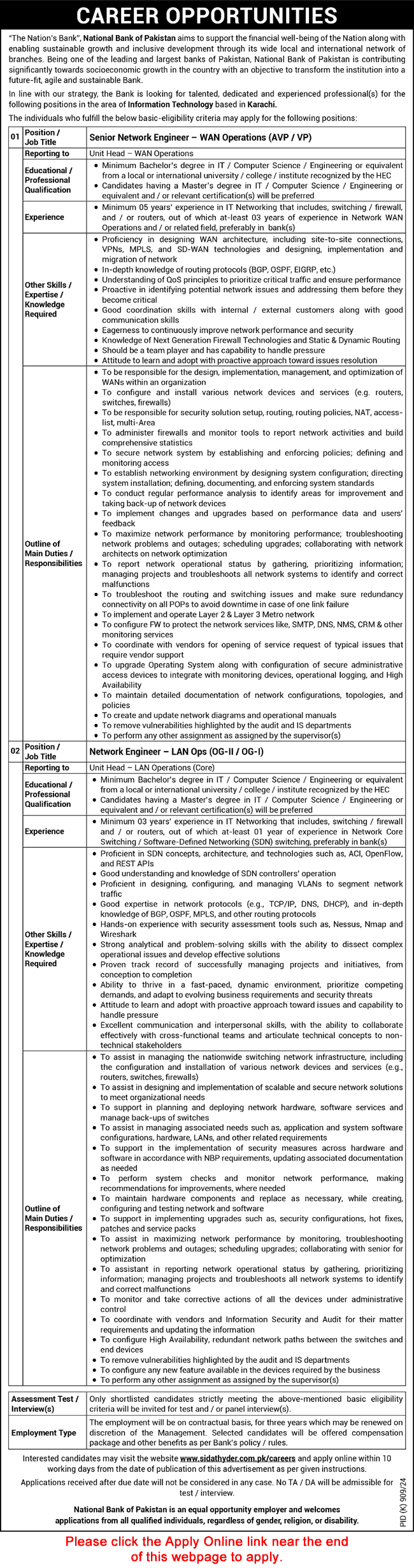 Network Engineer Jobs in National Bank of Pakistan September 2024 Apply Online NBP Latest