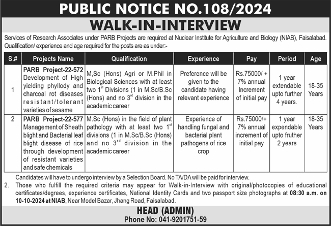 Research Associate Jobs in Nuclear Institute for Agriculture and Biology Faisalabad 2024 September / October PARB Walk in Interview Latest