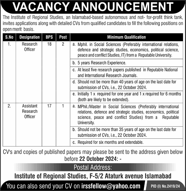 Research Officer Jobs in Institute of Regional Studies Islamabad October 2024 Latest