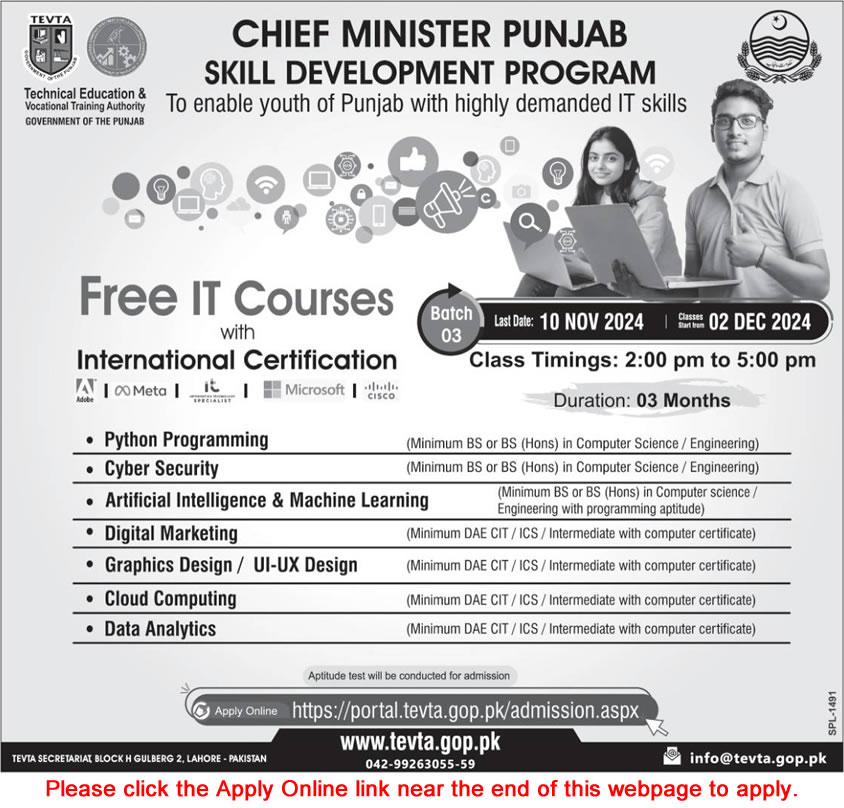 TEVTA Punjab Free IT Courses November 2024 Apply Online Chief Minister Punjab Skill Development Program Latest