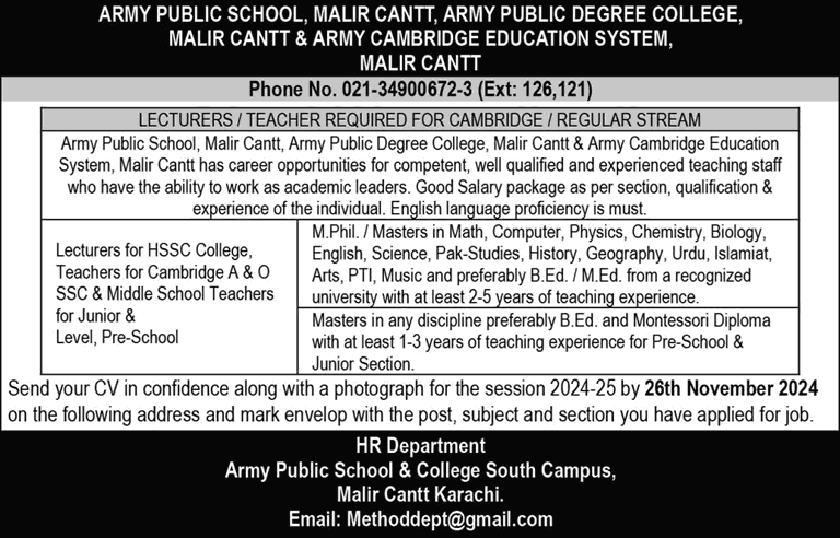 Army Public School and College Karachi Jobs November 2024 Lecturers & Teachers APS&C Latest