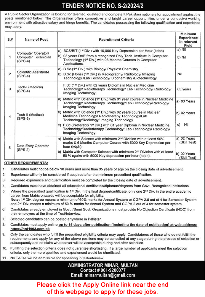 MINAR Hospital Multan Jobs 2024 November PAEC Apply Online Medical Technicians, Scientific Assistants & Others Latest