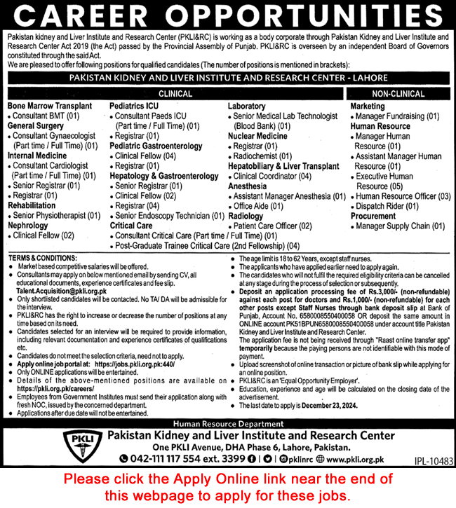 PKLI Lahore Jobs December 2024 Apply Online Pakistan Kidney and Liver Institute and Research Center Latest