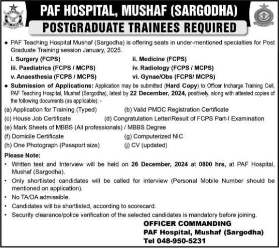 PAF Teaching Hospital Sargodha Jobs 2024 December FCPS / MCPS Postgraduate Trainees Latest