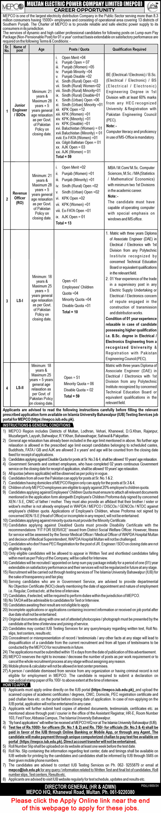 MEPCO Jobs December 2024 / 2025 WAPDA Apply Online Junior Engineers, Line Superintendents & Revenue Officers Latest