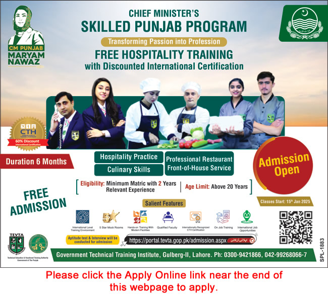 Chief Minister Punjab Free Hospitality Training Program 2024 December 2025 Apply Online TEVTA Latest