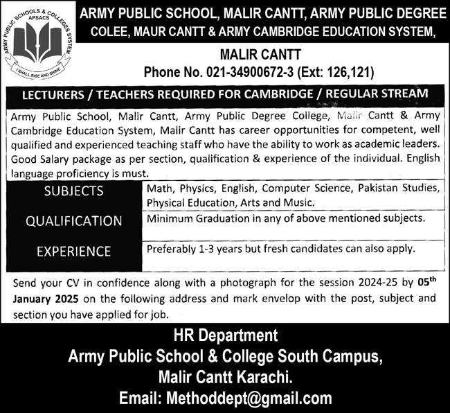 Army Public School and College Malir Cantt Karachi Jobs 2025 Teachers & Lecturers APS&C Latest