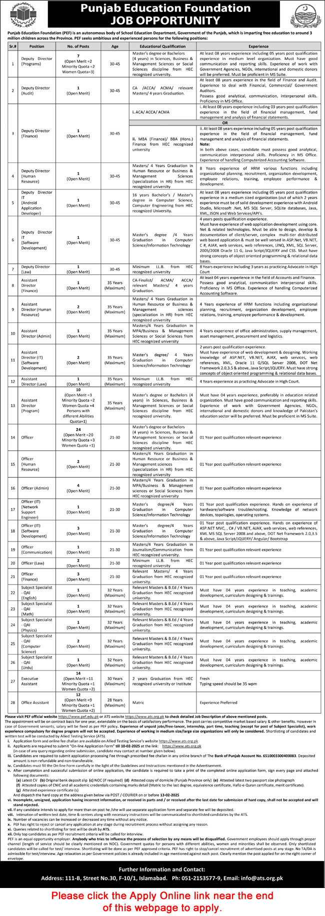 Punjab Education Foundation Jobs 2025 ATS Apply Online Assistant Directors, Officers, Executive Assistants & Others PEF Latest