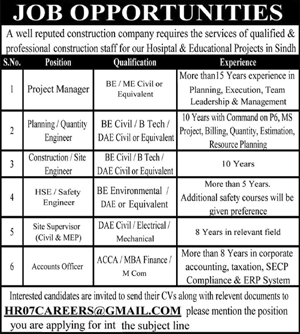 Construction Company Jobs in Sindh 2025 February Civil Engineers, Site Supervisors & Others Latest