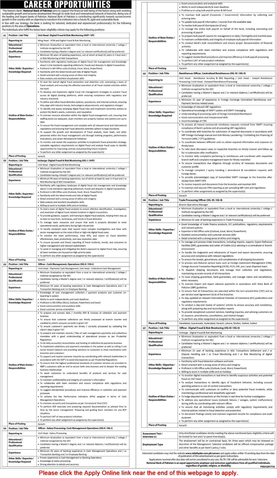 National Bank of Pakistan Jobs February 2025 Apply Online Trade Processing Officers & Others NBP Latest