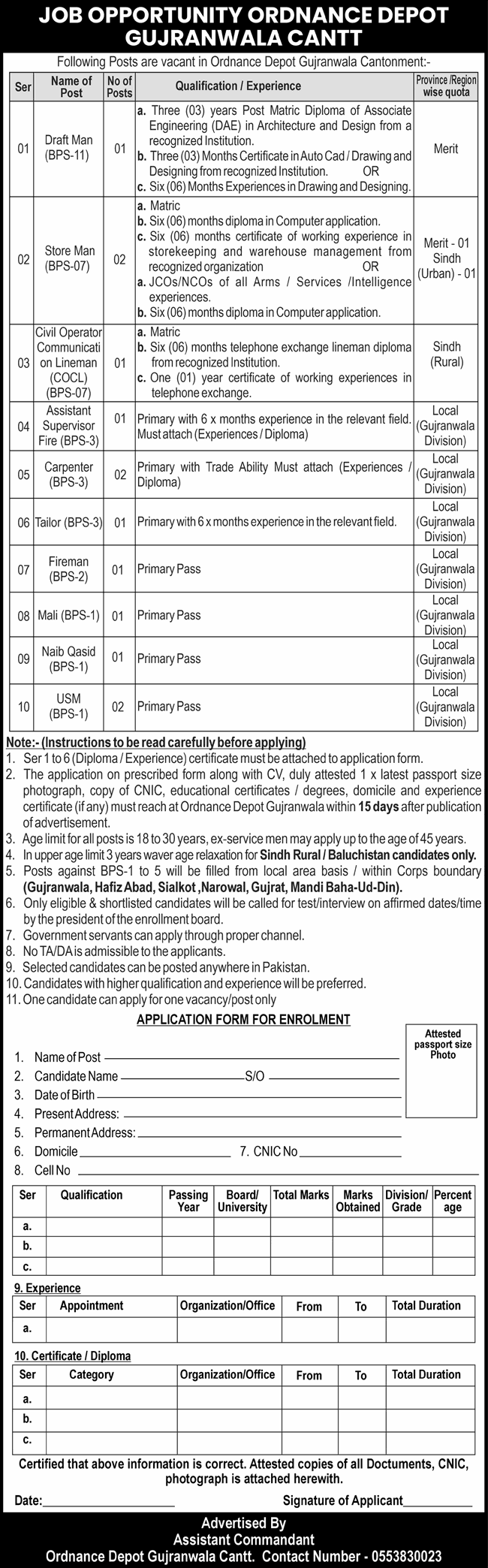 Ordnance Depot Gujranwala Cantt Jobs 2025 March Storeman, Carpenters, USM Labour & Others Pakistan Army Latest