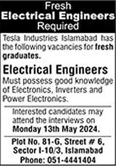 Electrical Engineer Jobs in Tesla Industries Islamabad 2024 May Walk in Interviews Latest