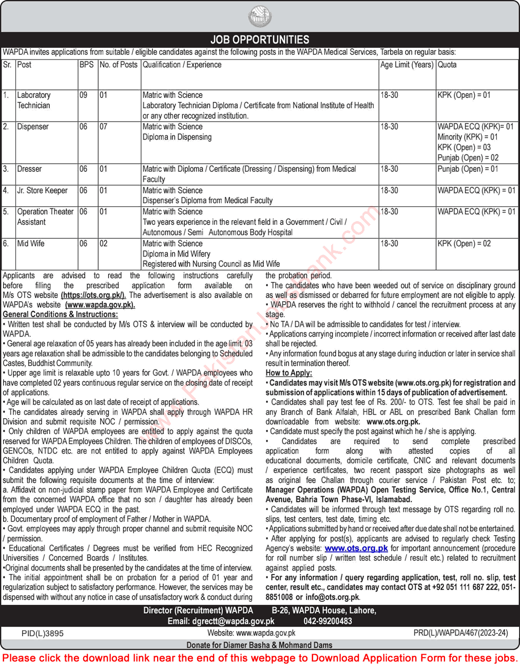 WAPDA Hospital Tarbela Jobs 2024 June OTS Application Form Dispensers, Midwives & Others Latest